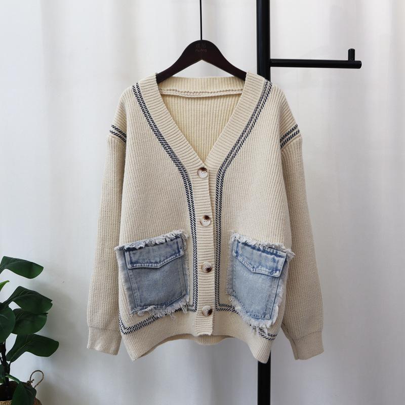 

Осень и зима новая лоскутная джинсовая куртка-свитер с карманами, высококачественный свободный и универсальный вязаный кардиган женский one size fits all