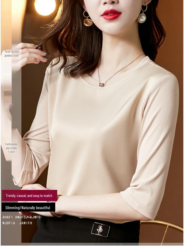 Seven-Sleeve Women's Satin Acetate T-Shirt - Spring 2025 Collection, Modal Round Neck, Fashionable and Versatile.