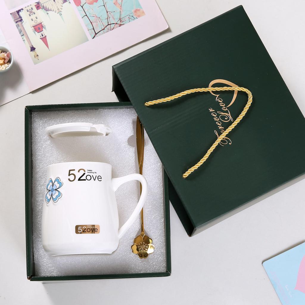 Paartasse Keramiktasse mit großem Fassungsvermögen mit Deckel und Löffel