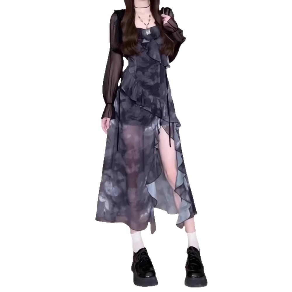 Temperament Wear Black Floral Suspender Dress Children's Summer New French Irregular Split Long Dress Set