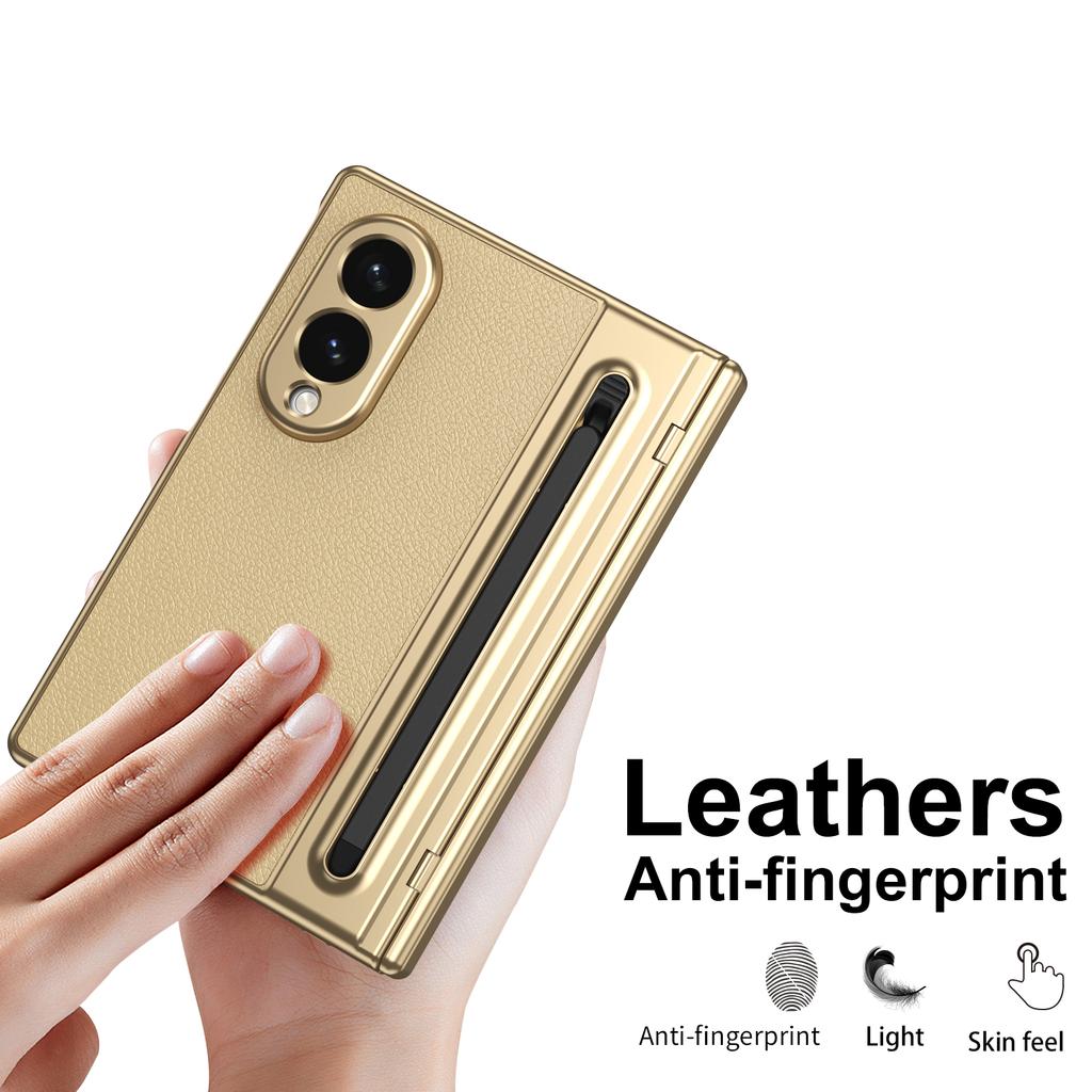 PC + PU Texture Leather Case Built-in High-aluminum Tempered Screen Protector with Touch Pen for Samsung Z Fold 4 5 6 7 8 Ultra