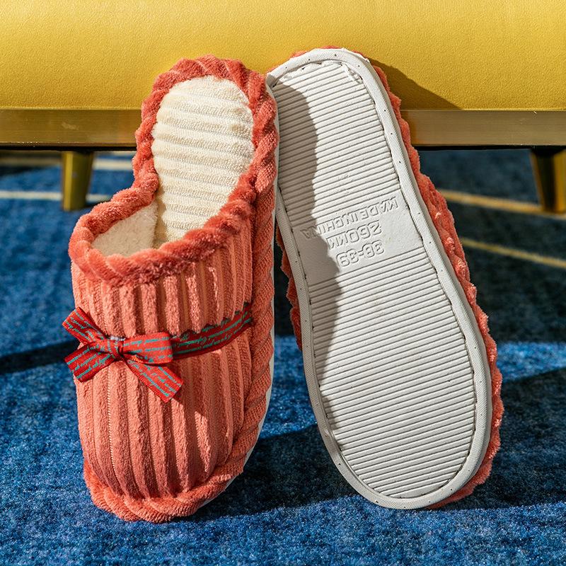 Bow Cotton Slippers Women and Men Winter Couples Home Non-slip Fluffy Warm Floor Mop Corduroy Slippers Batch