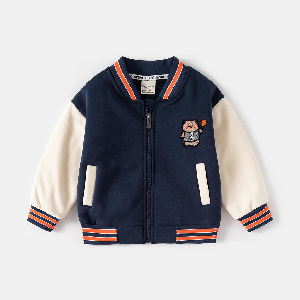 Boys Fleece Lined Zip Up Baseball Jacket Cartoon Embroidered Stand Collar Warm Outerwear Autumn Winter Clothing for Toddler and Kids