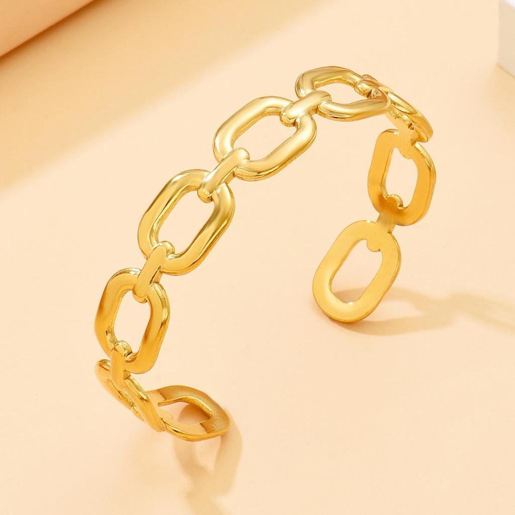 Modern C-Shaped Hollow Square Chain Stainless Steel Bangle Bracelet