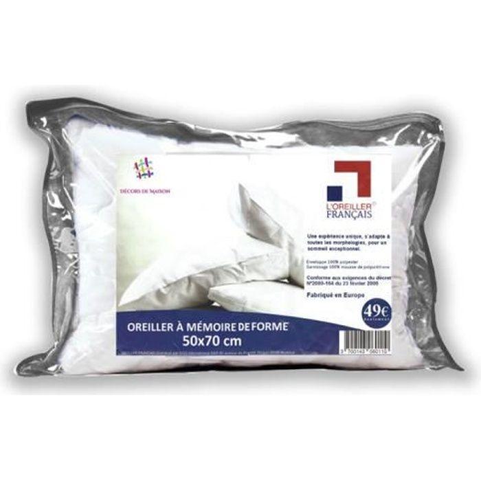 Oreiller mémoire de forme - Fabriqué en Europe - 50x70 cm - Microfibre - Confort moyen - Blanc
