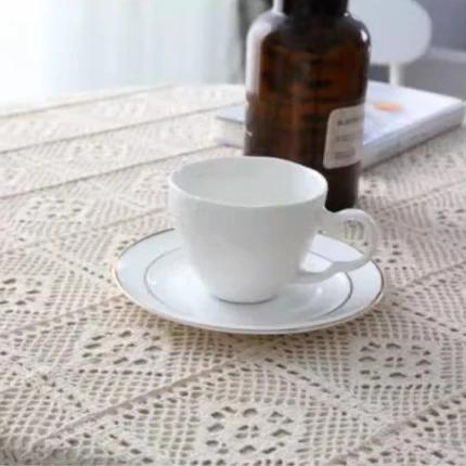 Nordic minimalist off-white solid color rectangular tablecloth with beige trim dining table cover
