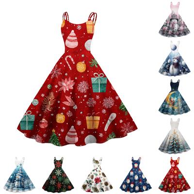 (Merry Christmas) Women's Casual Fashion Christmas Snowflake/Christmas Tree/Snowman Print Round Neck Retro Dress
