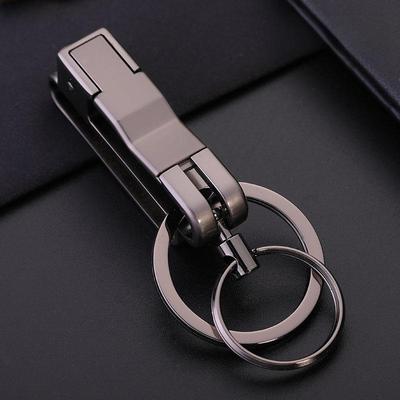 Creative Personality Metal Anti-Lost Keychain for Men with Double Rings and Detachable Belt Pendant