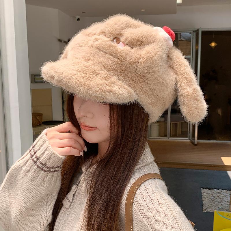 Cute Rabbit Ear Plush Hat Women's Age-reducing Thickened Warm Winter Hat Cartoon Shape Showing Face Small Cap