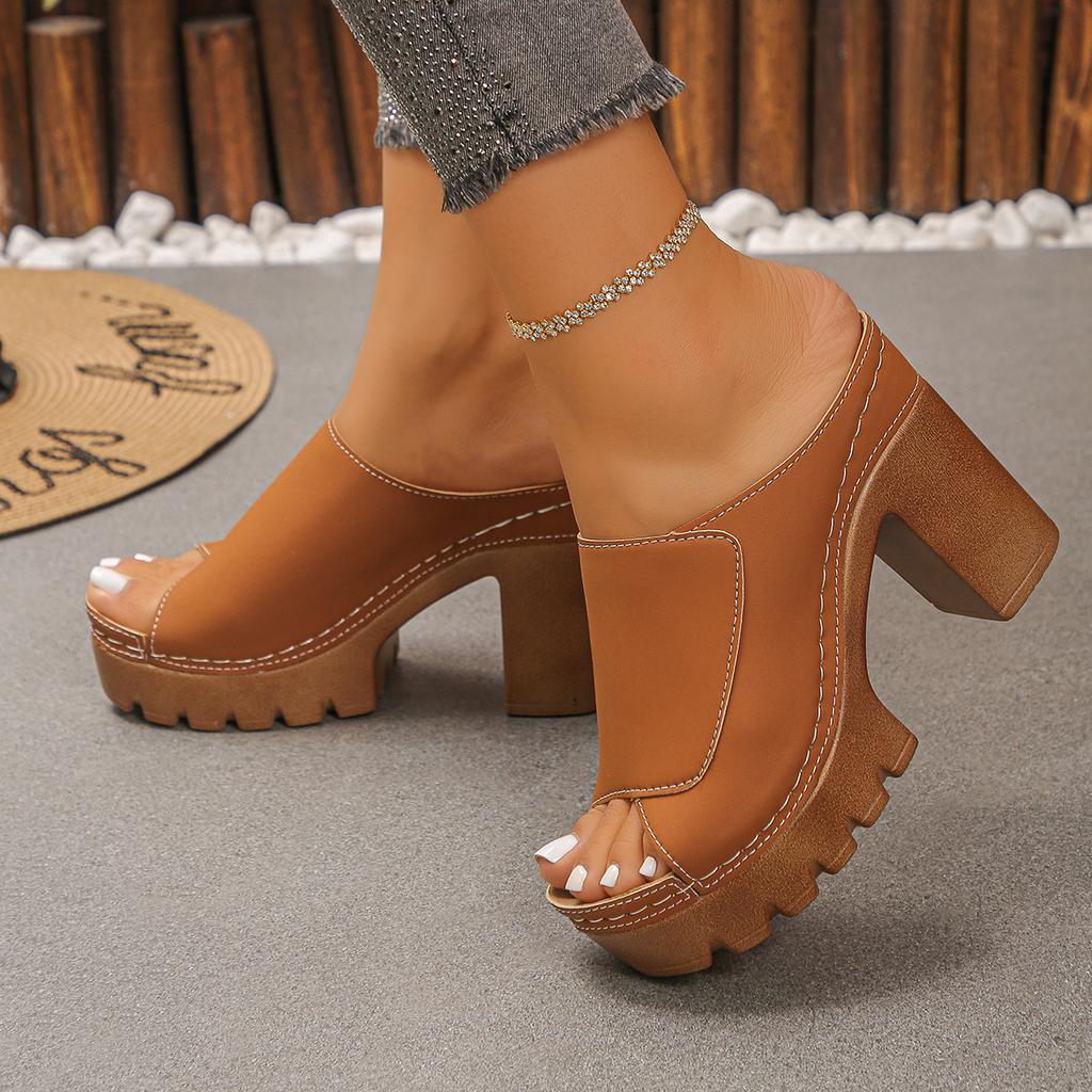 Plus Size Women Summer One Strap Thick Platform Chunky Heel Fish Mouth Slide Sandals Open Toe Height Increasing Beach Outdoor Shoes