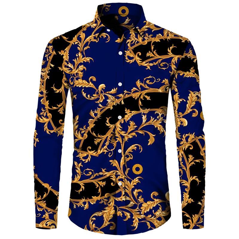 Golden Flower Pattern Print Men's Shirts Casual Single-Breasted Cardigan Long Sleeve Shirt Fashion Trend Tops Men Clothing