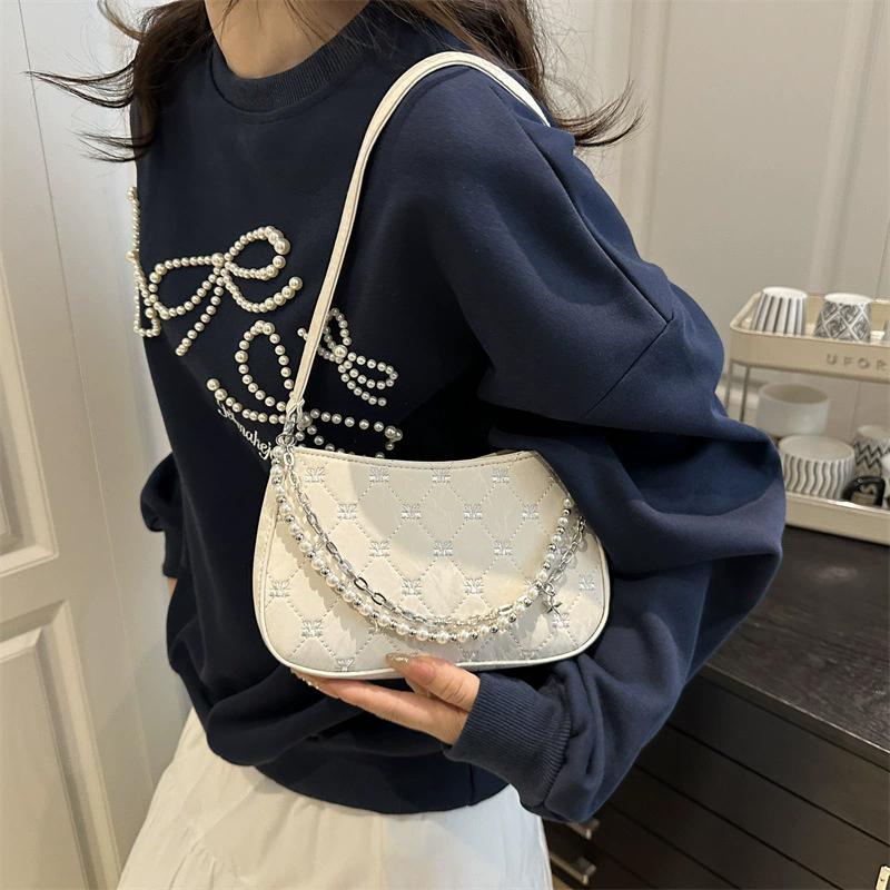 Bow Embroidery Women's Phone Shoulder Bags Thread Design Casual Ladies Underarm Bag Portable Pearl Chain Handbags Purse