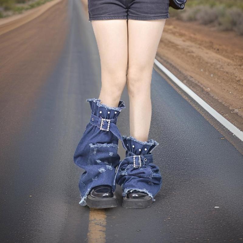 Women Distressed Jeans Leg Warmer with Buckled Strap Punk Flared Long Socks Denims Leg Cover with Pocket Streetwear