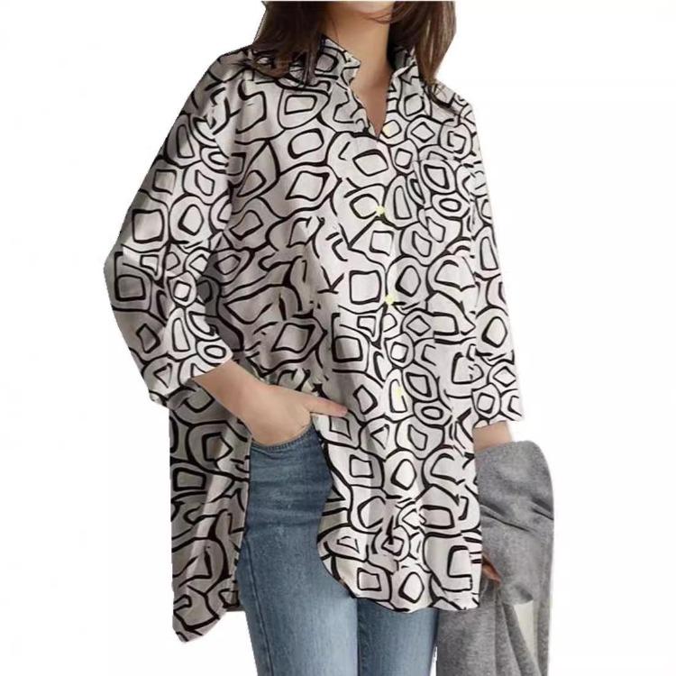 2026 Spring Fashion Long Sleeve Printed Lapel Tops for European American Office Ladies