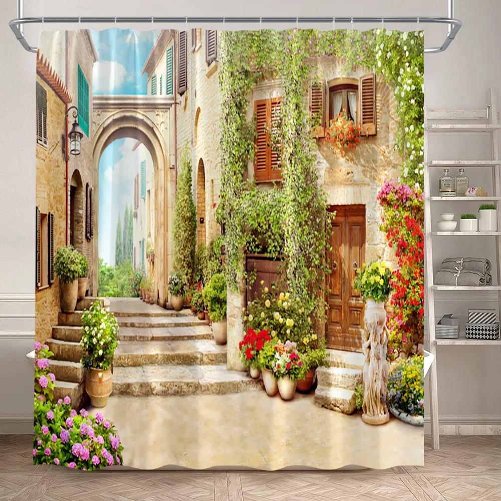 Fence Flowers Shower Curtains Blue Window Nature Floral Plants Scenery Modern Garden Wall Hanging Home Bathroom Decor with Hooks