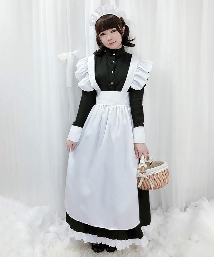 Milky Time Women's Maid Dress, Lolita, Classical Apron, Monochrome, Long Length, Cosplay Costume (Size L)