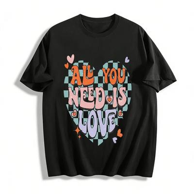 Retro Checkerboard Love Slogan Print Casual T-Shirt Pure Cotton T-shirt