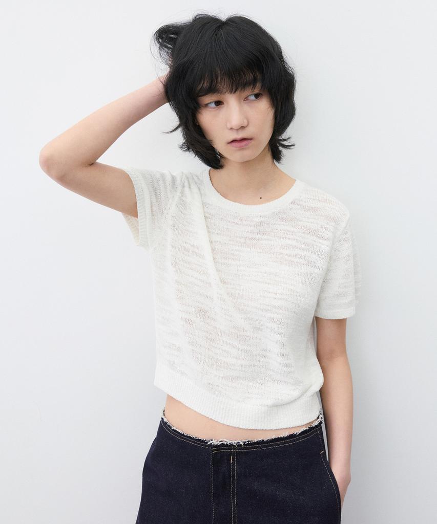 SUARE WOMEN Cotton Slub Crop Half Knit Ivory