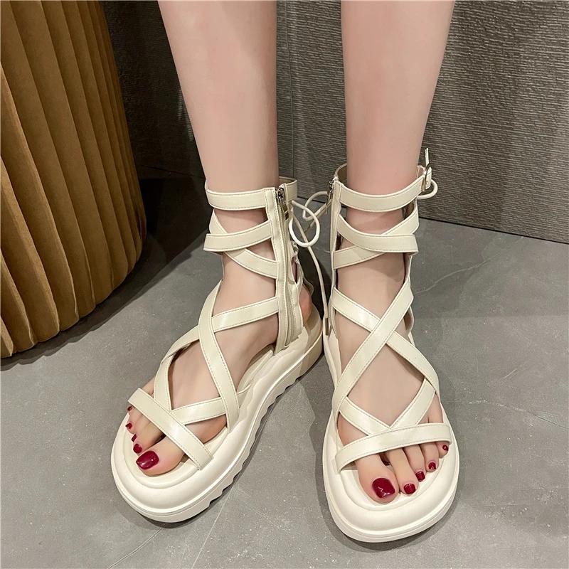 2025 Sexy High Top  Strap Sandals Women Summer Open Toe Fashion Hollow Zip Design Roman Gladiator Thick-soled Platform Sandals