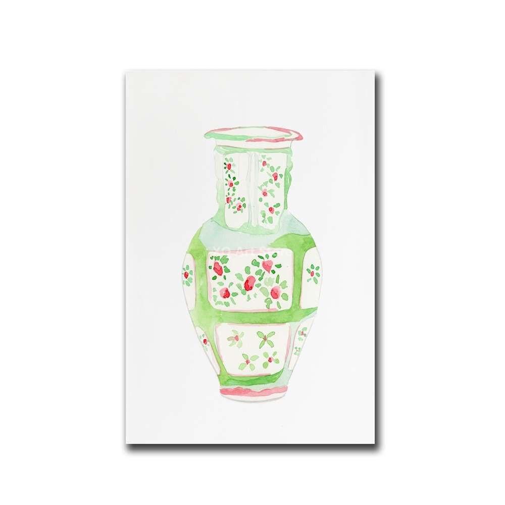 Chinese Wind Porcelain Watercolor Printing Ginger Jar Vase Plant Poster Antique Blue and White Porcelain Canvas Painting Decor