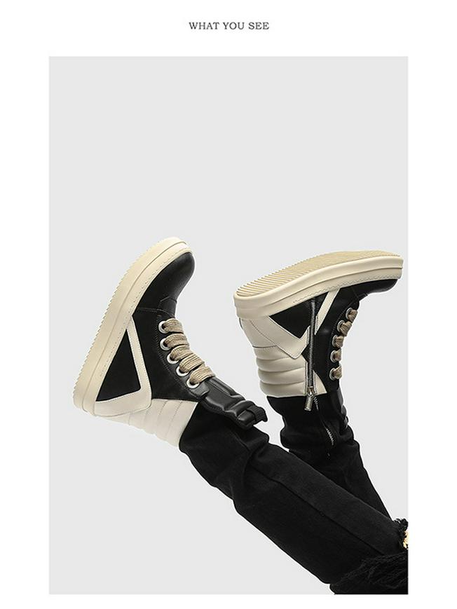 2024 Autumn/Winter Men's Trendy Genuine Leather High-Top Black & White Thick-Soled Boots
