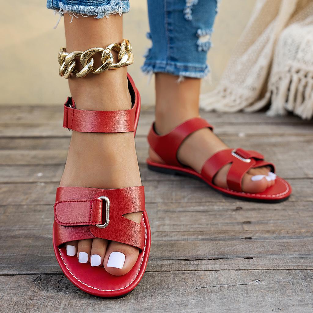 Damen Sommer Flache Sandalen Metall Schnalle Riemen Offene Zehenpartie Lässige Strand Römische Schuhe für Damen