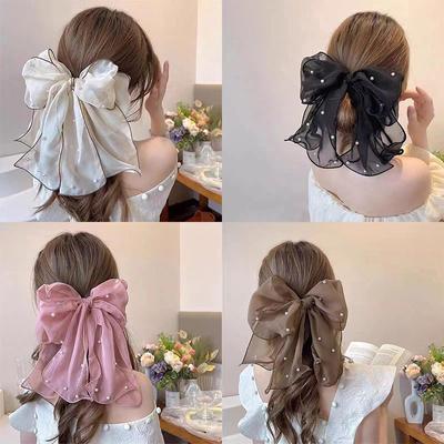 Pinces à Cheveux Nœud Perle Ruban Pour Femmes Élégant Nœud en Mousseline Pince à Queue de Cheval Épingle Nœuds Barrette Doux Accessoires de Coiffure