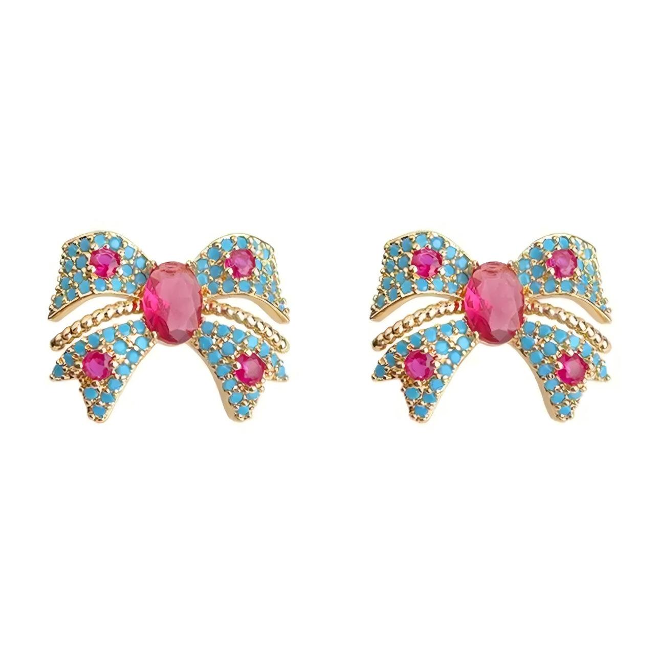 Light Luxury High-End Color Micro-Inlaid Zircon Bow Stud Earrings Versatile Personalized Earrings Factory