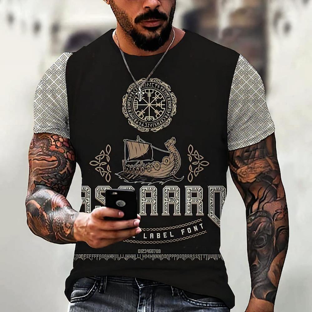 Lustiges 3D Wikinger Krieger Druck Herren T-Shirt Hip Hop Trend Vintage Kleidung Mode O-Ausschnitt Kurzarm Oberteile Sommer Lässig Lockeres T-Shirt