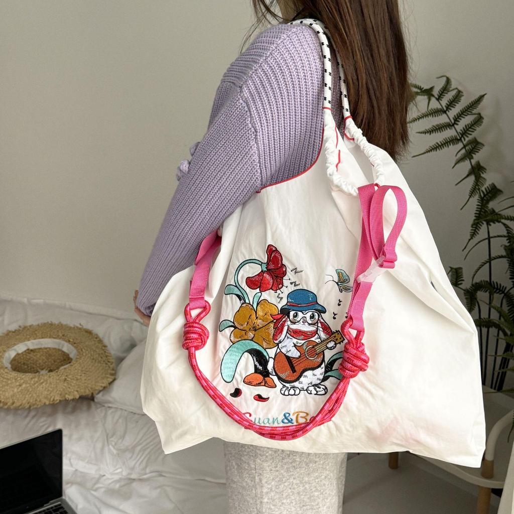 Trendy Large-Capacity Japanese-Style Nylon Embroidery Shoulder Bag for Women