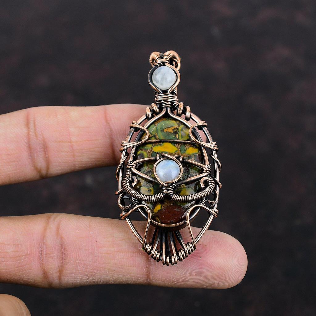 Evil Eye Fruit Jasper Copper Pendant Copper Wire Wrapped Pendant Rainbow Moonstone Pendant Unique Evil Eye Jewelry Handmade Gemstone Pendant