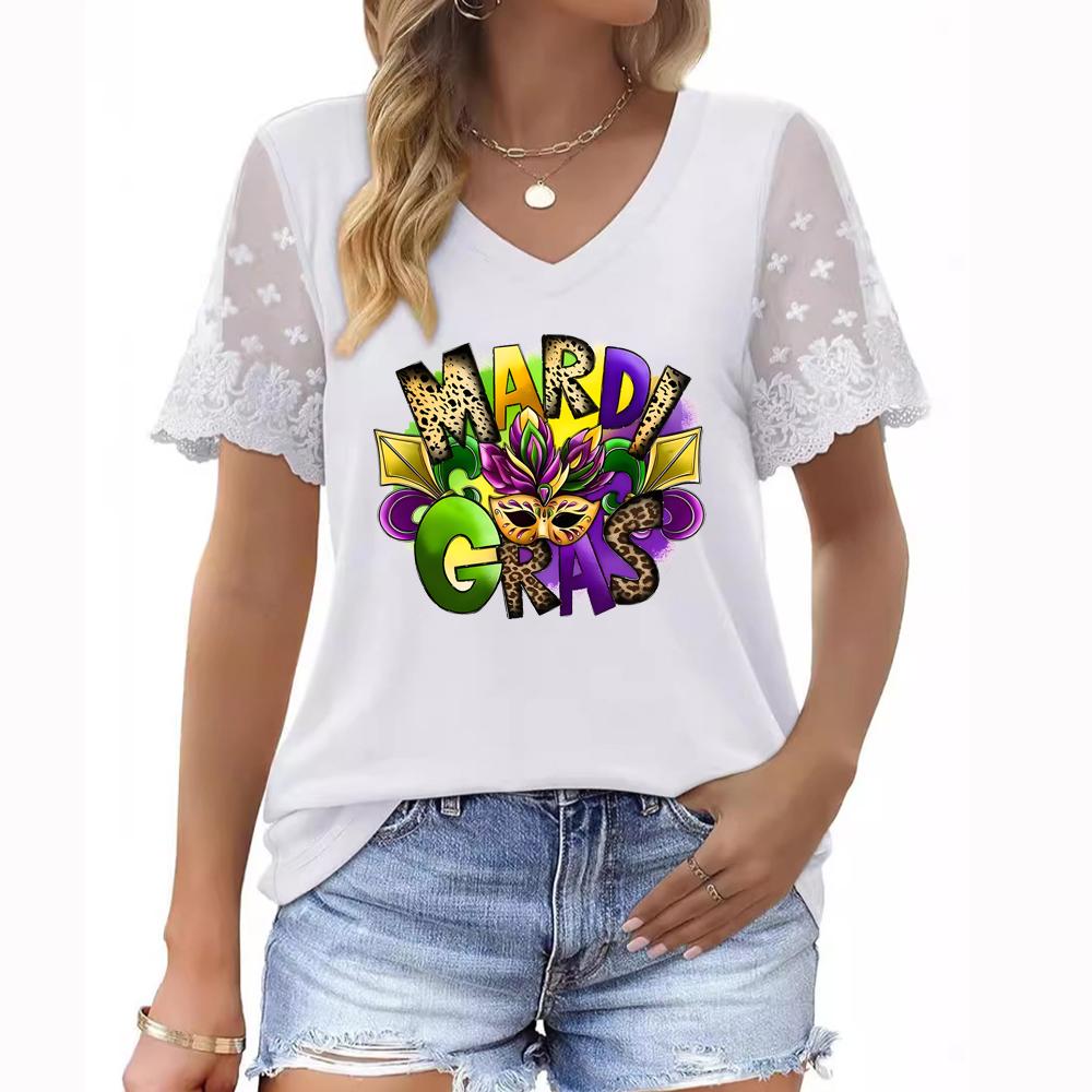 

Женский летний топ больших размеров с V-образным вырезом, короткими рукавами, цветочным принтом и кружевными деталями 3XL