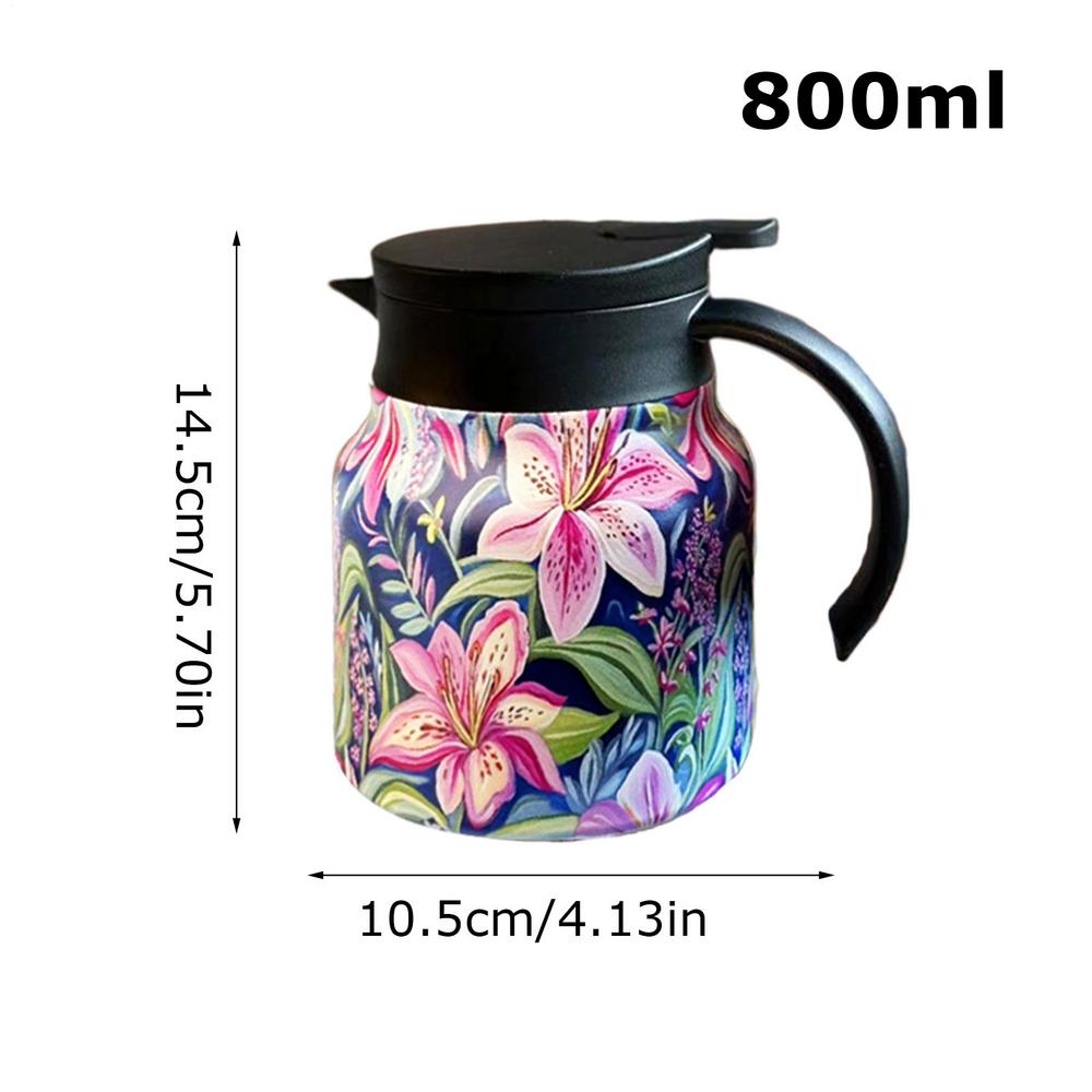 Tea Kettle 800ml Coffee Carafe Kettle Insulated Floral Pattern Teapot Stainless Steel Vacuum Thermal Pot for Brewing Filtering