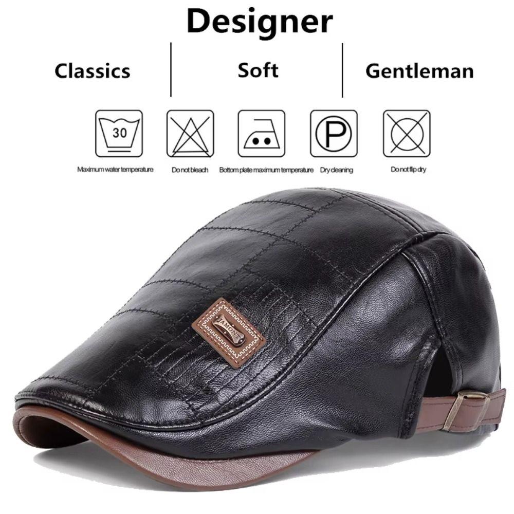 Forward Peaked Cap Men Beret Hat Solid Color Leather Flat Cap Retro Driving