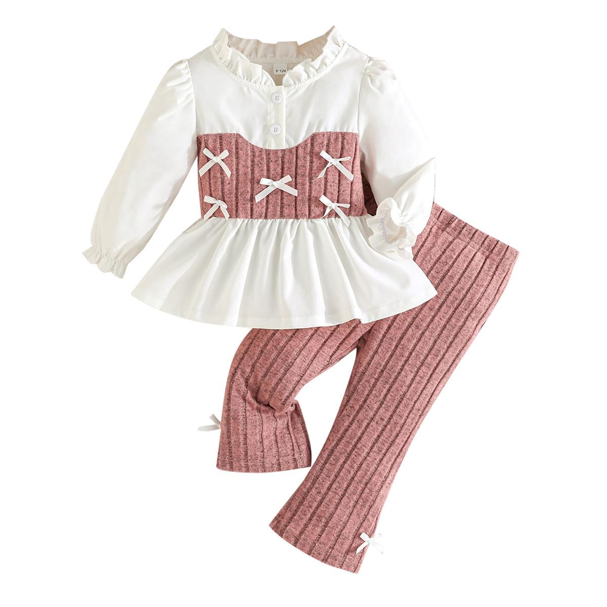 

Девочки Весна и Осень Костюм Розовый Бант Полосатый Топ + Вязаные Штаны Сладкий и Милый Стиль 6-9M розовый