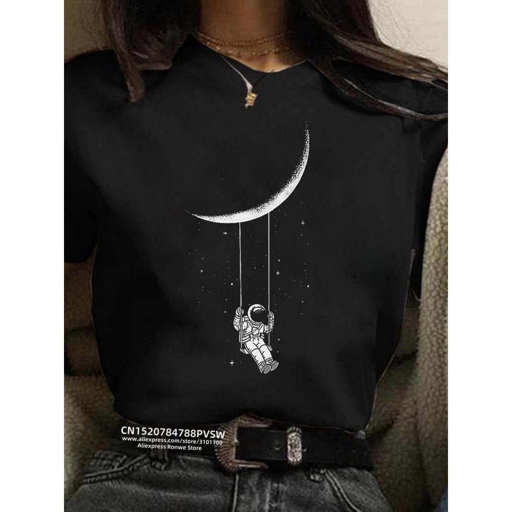 Dámské tričko s potiskem Měsíc Harajuku vtipné 90. léta dívka kreslený grafický potisk černé dámské tričko ležérní dámské tričko Kawaii tričko