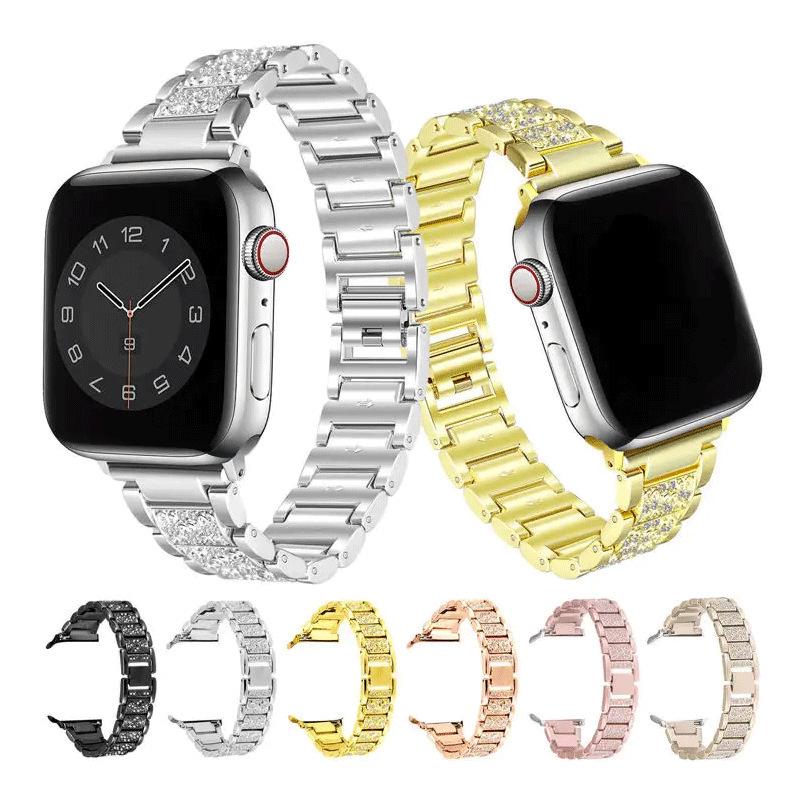 Compatible with Apple Watch 7/8/9: Luxury Full Diamond Metal Band with Three-Bead Design.
