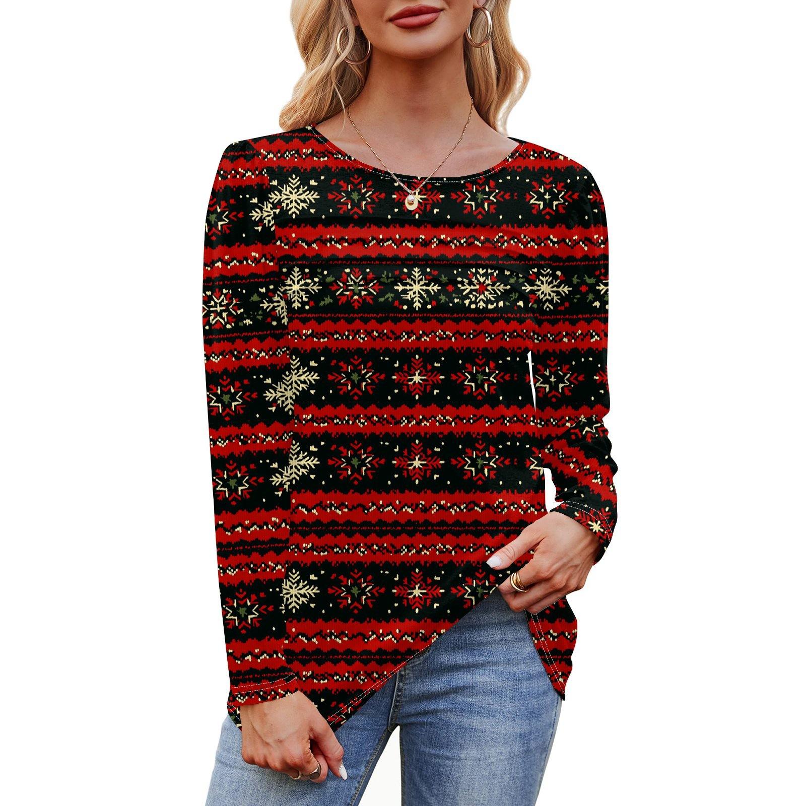 

Женская футболка с круглым вырезом и длинными рукавами с принтом рождественской елки и снежинки XXXL