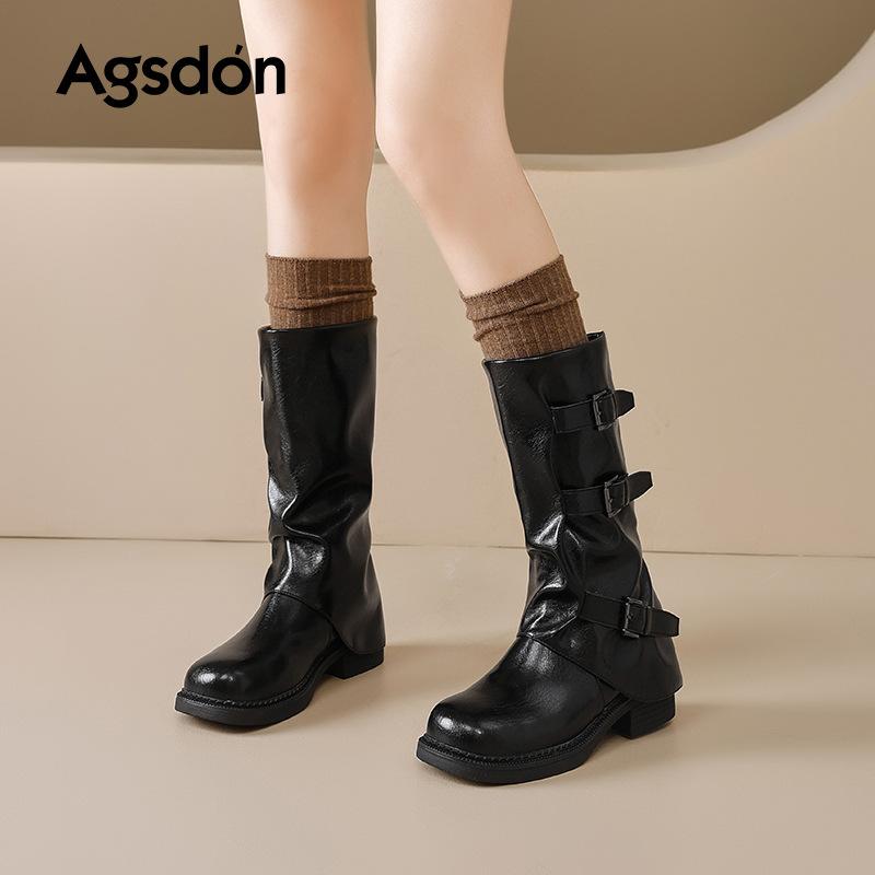 Augustine black boots women's 2025 new autumn mid-tube knight boots retro British platform Martin boots