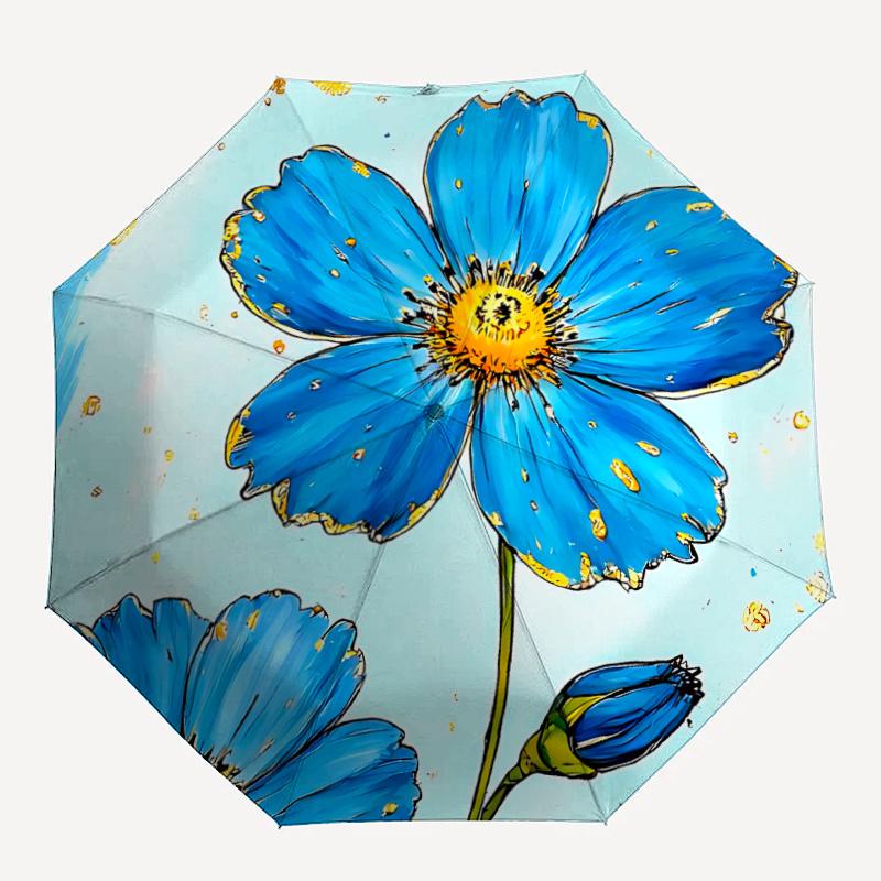 

1pc Blue Flower Bloom Automatic Folding Umbrella - Compact 8-Rib Design, Durable Plastic & Iron, Festive Gift, Compact Umbrellan034