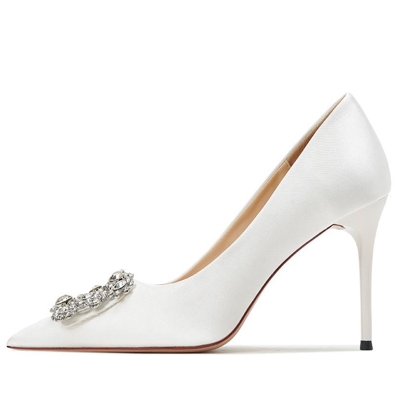 French White High Heels Design Sense Niche Temperament 2025 Square Buckle Rhinestone Pointed Thin Heel Versatile Light Mouth Shoes