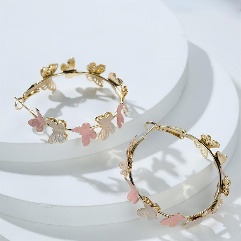 Women's Fashion Earrings Hollow Multilayer Butterfly Design Light Luxury Hoop Earrings Pink White Alloy Electroplated Elegant Party Jewelry Gift