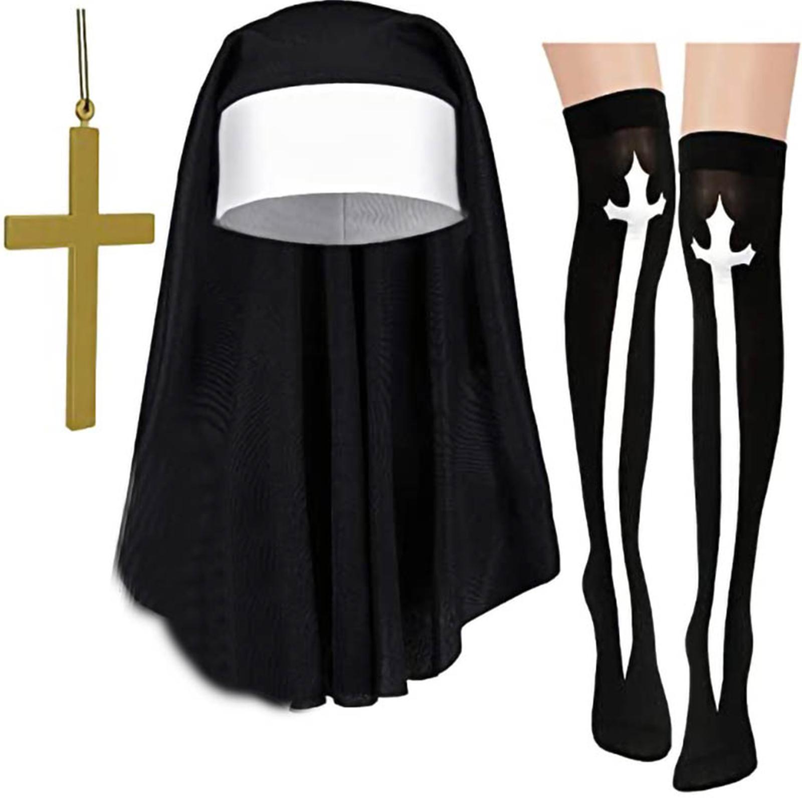 

Nun Costume Accessory Set with Catholic Nun Costume Hat,Cross Pendant Necklace,Cross Print Thigh High Socks Stockings S1