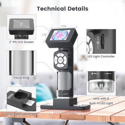 AD112 Portable Pocket 500X Microscope Kit 2-inch LCD Screen Handheld Digital Microscope with 8
