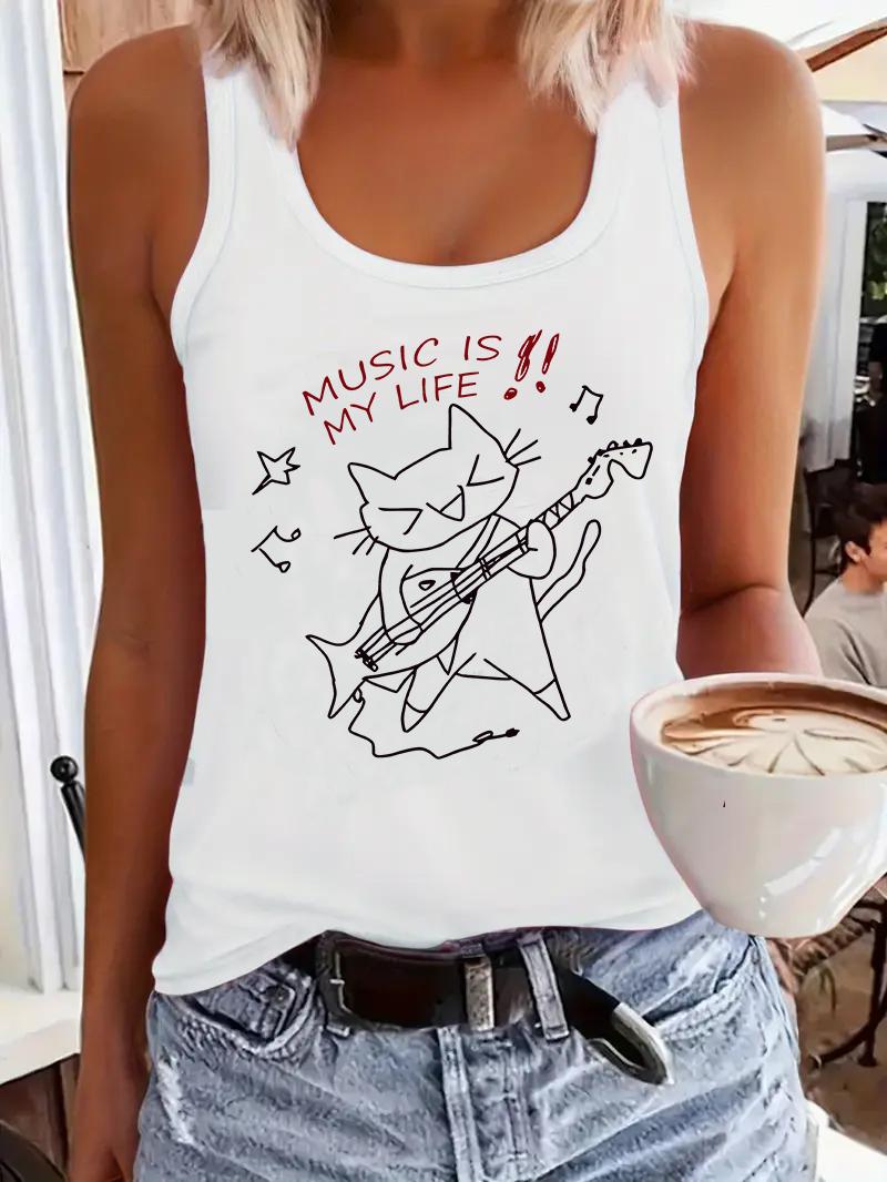 

Y2k Kawaii Music Cat Design Printed Shirt Vest Graphic Fashion Tank Top Women’s Sleeveless Crew Neck Casual Top Summer Spring XL