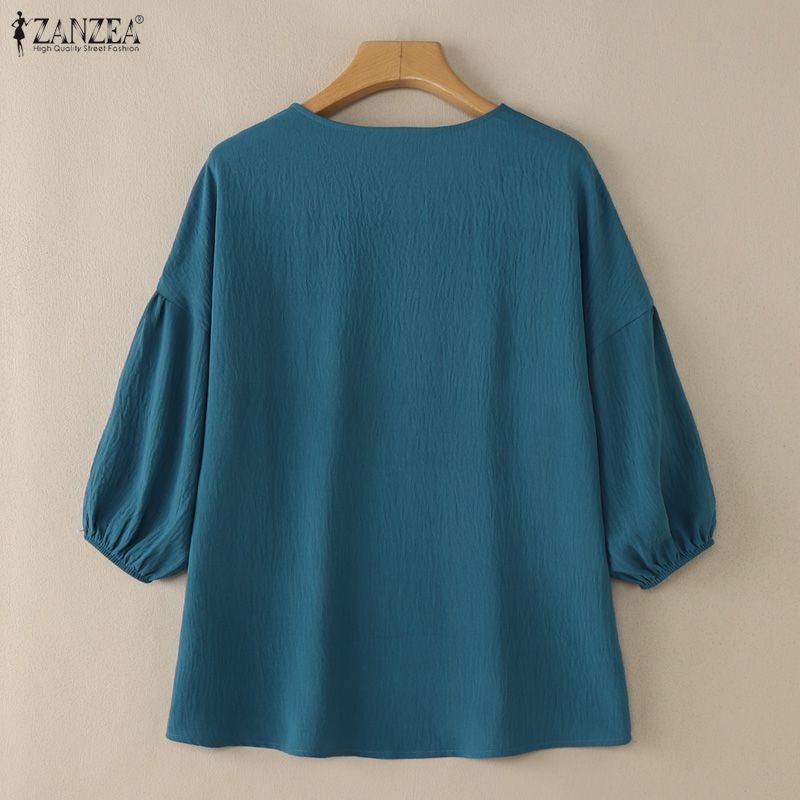 ZANZEA Women Casual Round Neck Solid Color 3/4 Sleeve Loose Blouse