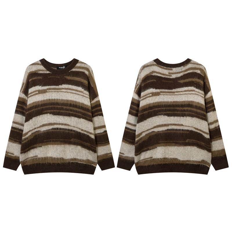 Unisex Oversized Crewneck Sweater Acrylic Blend Warm Streetwear Knit Top With Colorblock Stripes