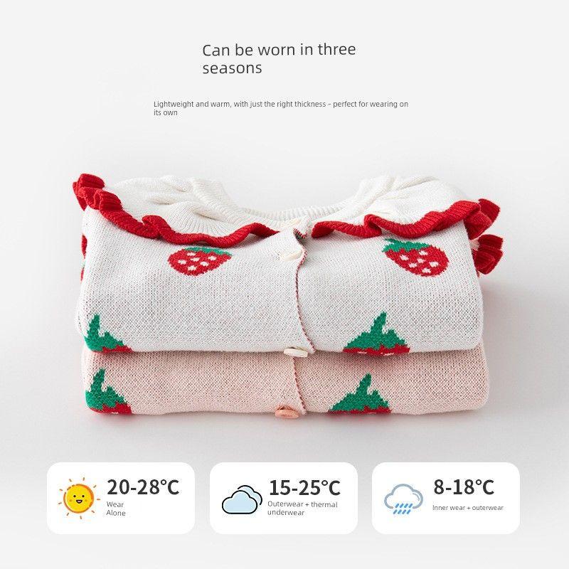 Spring and Autumn Strawberry Girl Round Neck Lace Kids Pure Cotton Cardigan Coat Sweater Baby Girl Single Breasted Knitwear