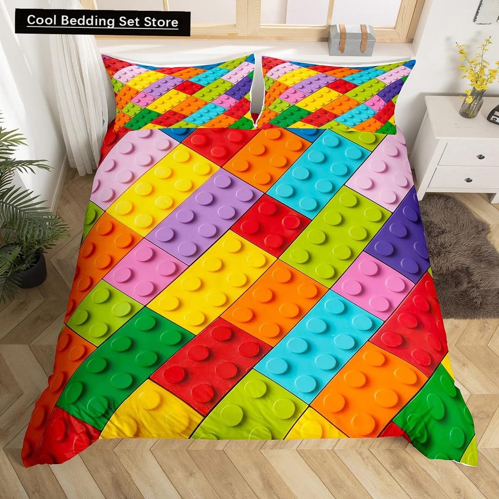 Colorful Toy King Queen Duvet Cover 3D Building Block Pattern Bedding Set Fun Brick Quilt Cover Gradient Rainbow Comforter Cover