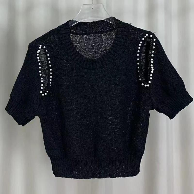 Summer Design Sense Round Neck Doo Beading Thin Short-sleeved Knit Shirt Top Female Casual Summer Essential Comfort and Style Slim Fit Pullovers Tees